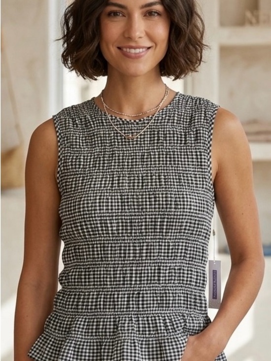 Lotus & Lavender Tops - NWT Lotus & Lavender Black & White Sleeveless Gingham Smocked Ruffle Top XL NWT